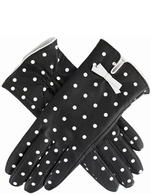 Dents Women's Silk Lined Polka Dot Leather Gloves In Black/white