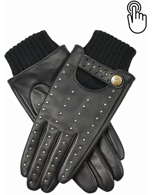 Dents Women'S Touchscreen Leather Gloves With Stud Detail In Black/gold