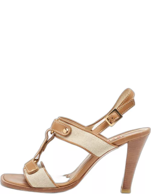 Marni Tan/Off-White Canvas And Leather T-Strap Sandal