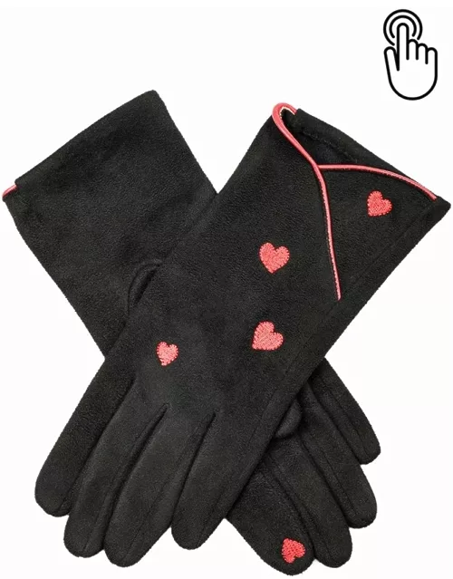 Dents Women's Touchscreen Faux Suede Gloves With Heart Detail In Black