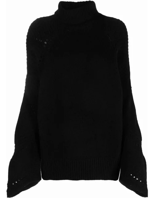 Black crochet-knit roll-neck jumper