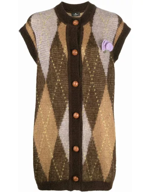 Argyle-knit short-sleeve cardigan