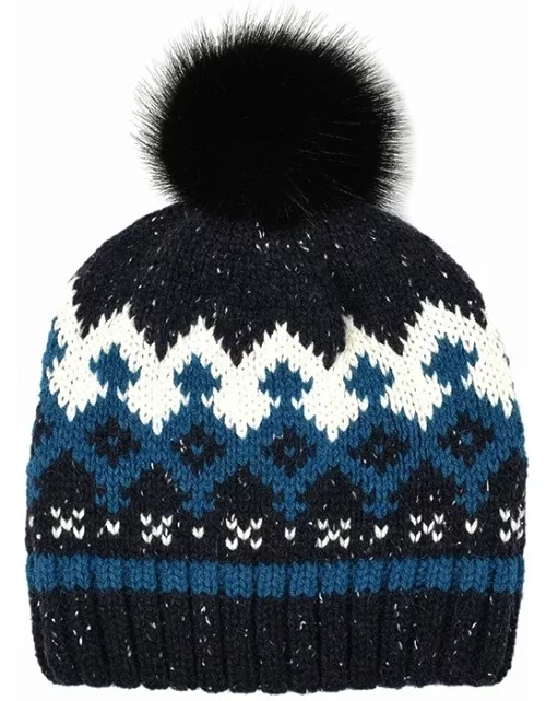 Dents Women'S Fair Isle Jacquard Knit Hat With Faux Fur Pom Pom In Navy