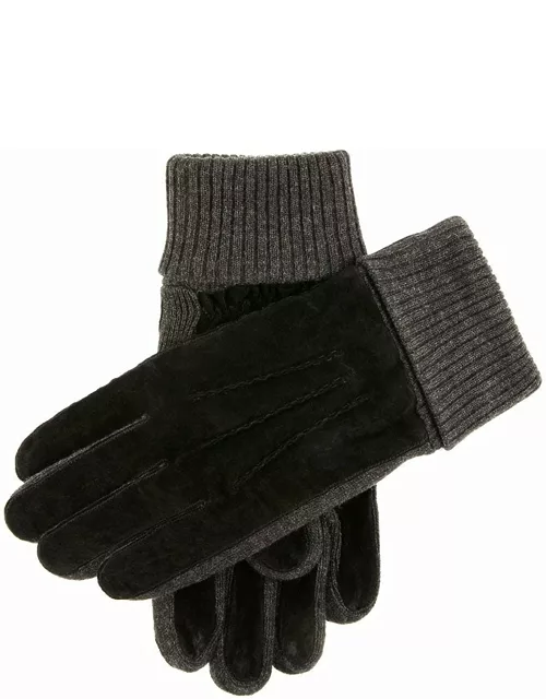 Dents Men's Fleece Lined Suede Gloves With Knitted Cuffs In Black/charcoa