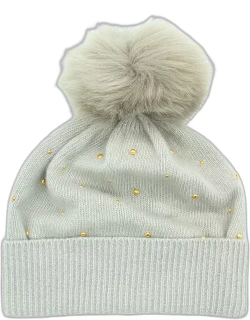 Cashmere Studded Beanie with Faux Fur Po