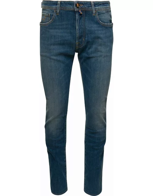 Jacob Cohen Blue Five-pocket Jeans With Branded Bandanna In Stretch Cotton Denim Man