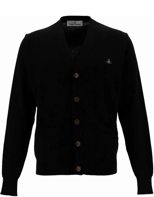 Vivienne Westwood Black V Neck Cardigan With Orb Embroidery In Cotton And Cashmere Man