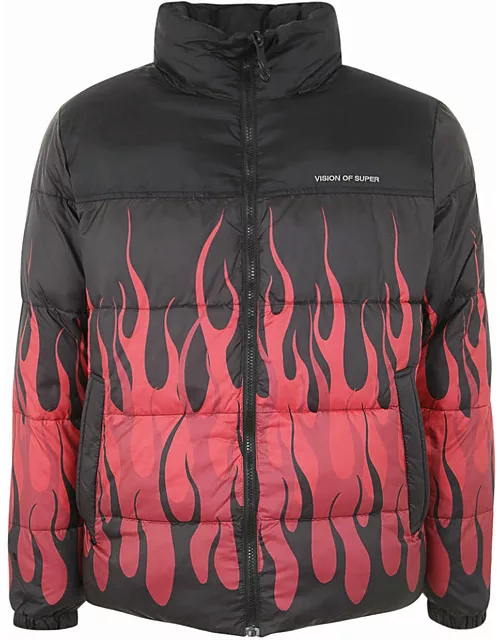Vision of Super Black Puffy Jacket With Red Flame