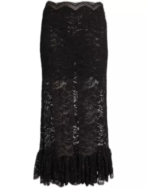 Floral Lace Ruffle-Hem Midi Skirt