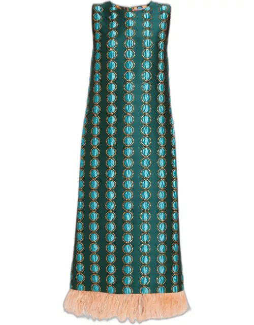 Jacquard Column Dress with Feather Tri