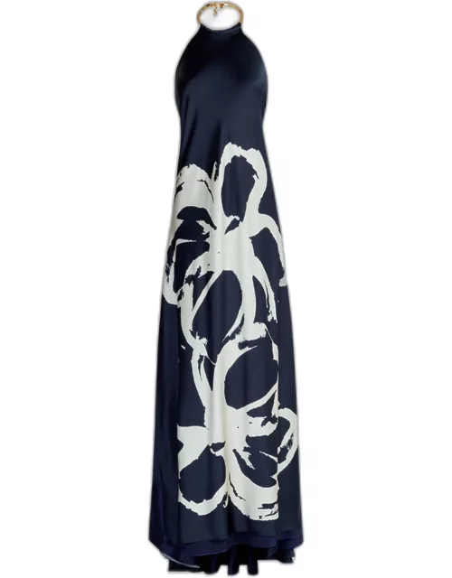 Zeffa Floral-Print Backless Silk Maxi Dres