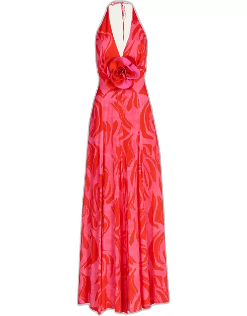 Tawny Abstract-Print Rosette Halter Maxi Dres