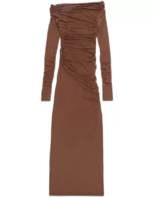 Ruched Long-Sleeve Jersey Maxi Dres