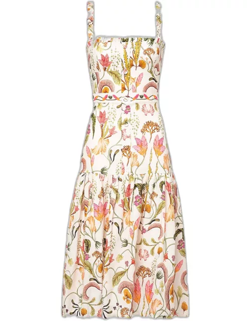 Níspero Bouquet Embroidered Linen Midi Dres