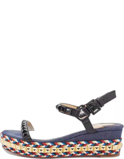 Christian Louboutin Black/Blue Leather And Denim Pyraclou Wedge Platform Sandal