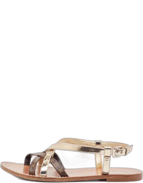 Louis Vuitton Brown/Gold Foil Leather and Monogram Coated Canvas Strappy Flat Sandal