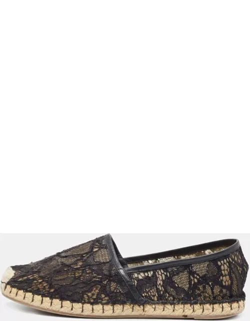 Valentino Black Lace and Leather Butterfly Espadrille Flat