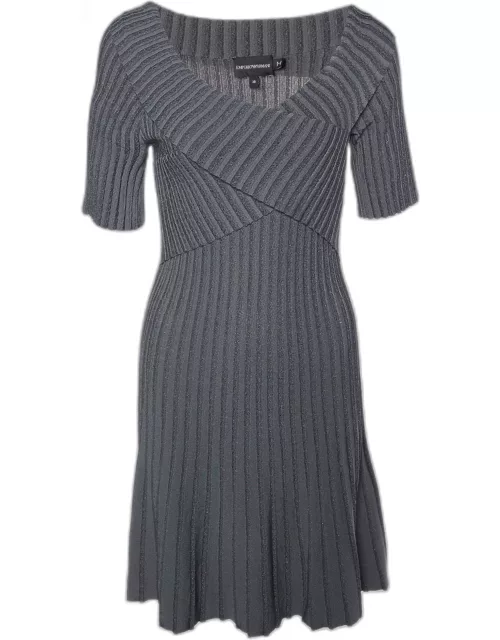 Emporio Armani Charcoal Grey Lurex Knit Crossover Detail Midi Dress