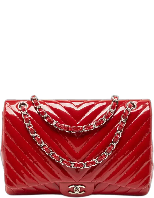 Chanel Red Patent Leather Chevron Jumbo Classic Flap Bag