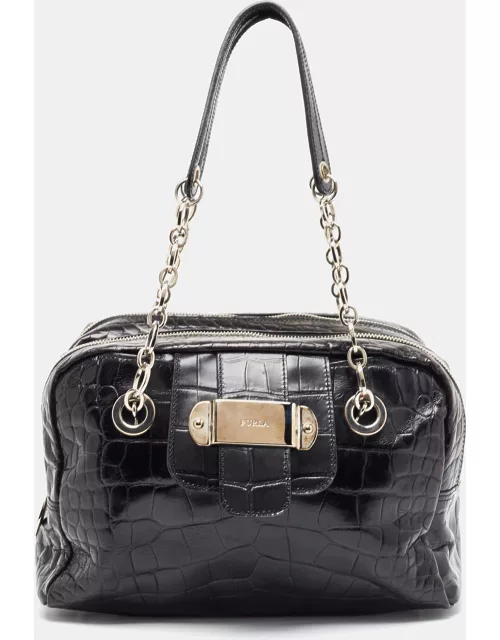 Furla Black Croc Embossed Leather Bowling Bag