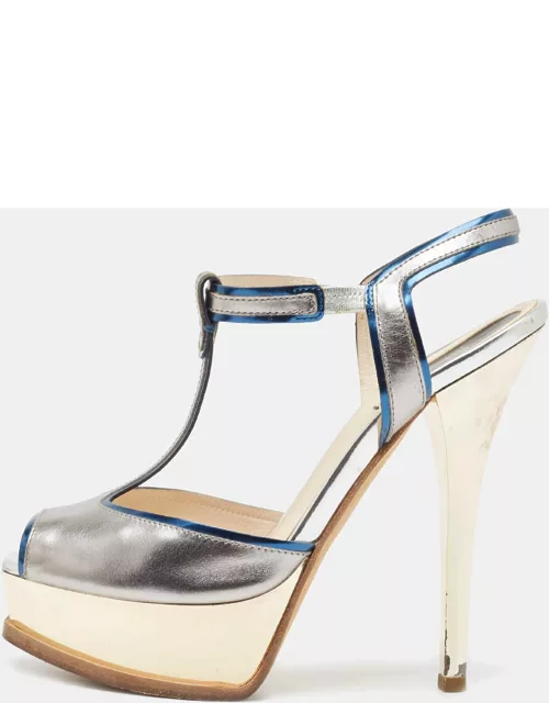 Fendi Tricolor Patent Leather T Strap Peep Toe Platform Sandal
