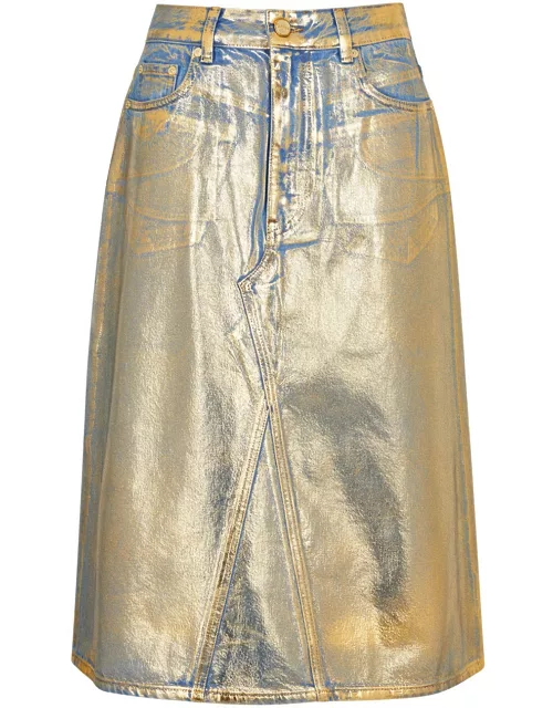 Ganni Foil-print Denim Midi Skirt - Gold - 38 (UK10 / S)