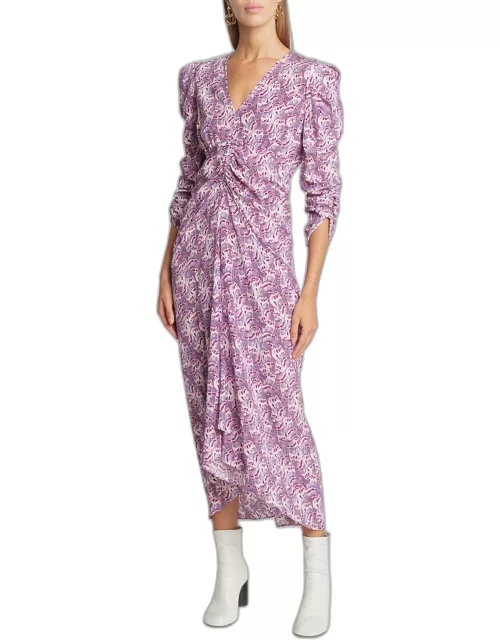 Albini Feather-Print Ruched 3/4-Sleeve Midi Dres