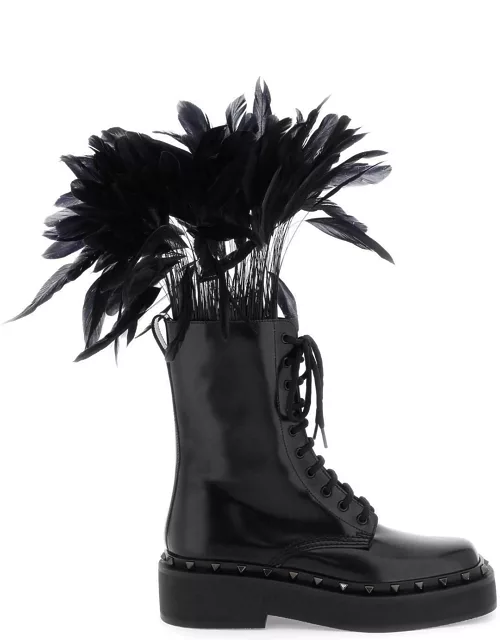 VALENTINO GARAVANI leather m-way rockstud combat boots with feather