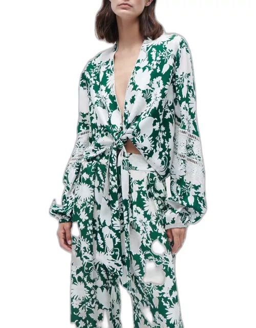 Anastasia Floral-Print Blouson-Sleeve Tied Crop Top