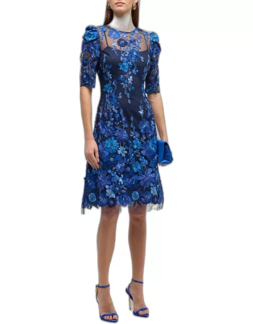 Beaded Floral-Embroidered A-Line Midi Dres