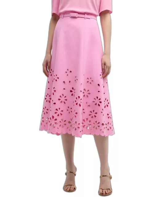 Floral-Cutout Belted A-Line Midi Skirt