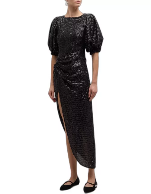 Sahar Sequin Puff-Sleeve Asymmetric Midi Dres