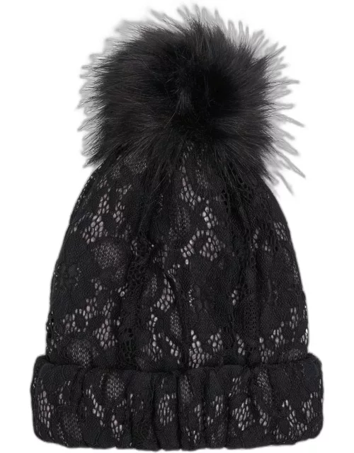 Lace Beanie With Faux Fur Po