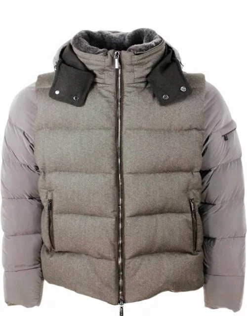 Moorer Bomber Down Jacket Made Of Fine Wool And Cashmere Flannel And Nylon Sleeves. Goose Down Padding. Collar With Detachable Fur And Hood