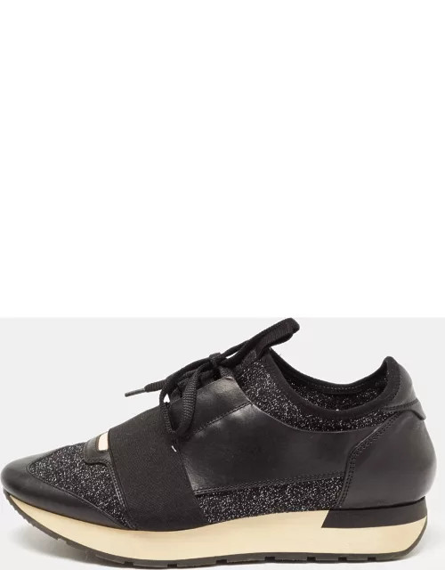 Balenciaga Black Knit Fabric and Leather Race Runner Low Top Sneaker