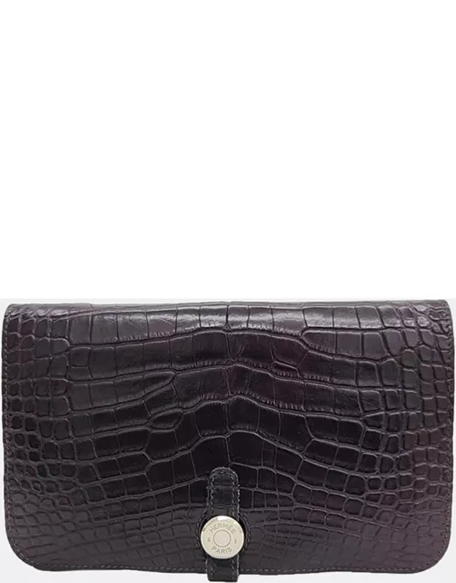 Hermes Burgundy Alligator Leather Dogon Long Wallet