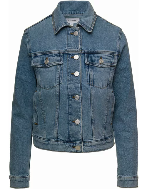 Frame Light Blue Vintage Denim Jacket With Patch Pockets In Cotton Woman