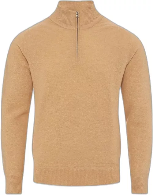 Lennard Cashmere - Classic Fit Half-Zip Fully Fashioned Cashmere Jumper in Biscuit Colour