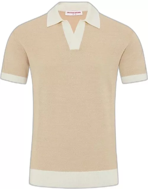 Horton - Tailored Fit Contrast Texture Merino Polo Shirt In White Sand/Biscuit Colour