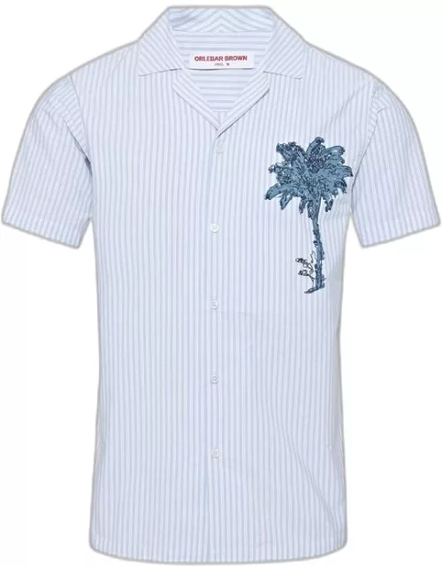 Hibbert - Light Island Sky/White Stripe Palm Embroidery Capri Collar Cotton Shirt