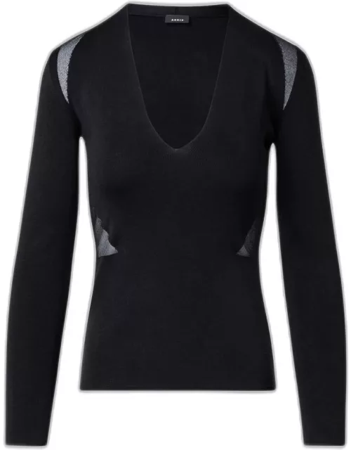 V-Neck Fitted Sweater with Transparent Inset