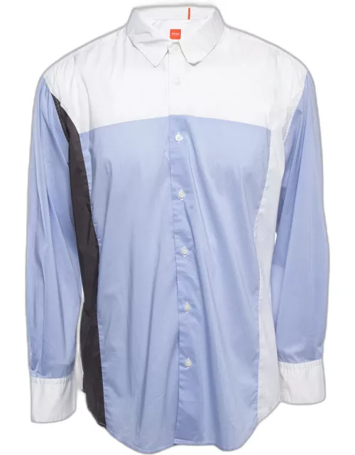Boss Orange By Hugo Boss White/Blue Cotton Blend Button Front Full Sleeve Shirt