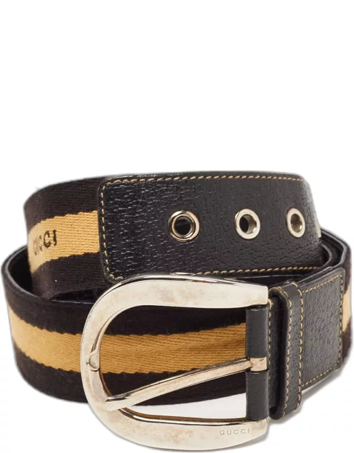 Gucci Brown/Yellow Web Canvas And Leather D Buckle Belt 90 C