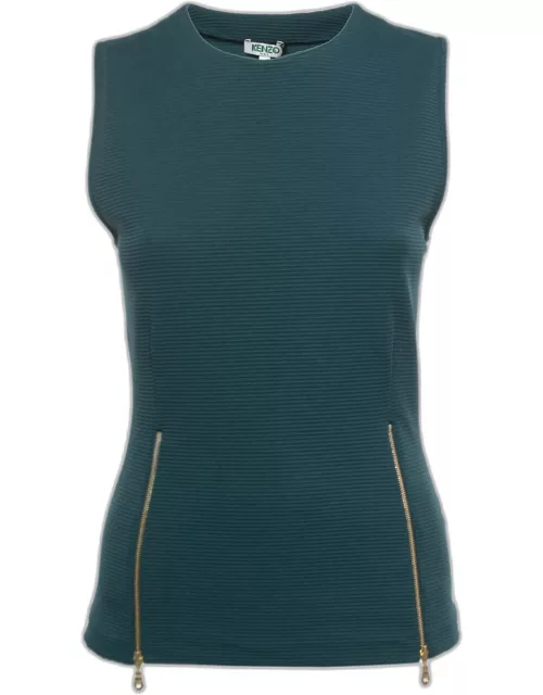 Kenzo Dark Green Textured Knit Zip Detailed Sleeveless Top