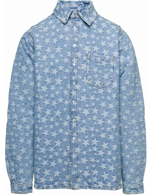 ERL Light Blue Long Sleeve Shirt With All-over Star Print In Cotton Deni