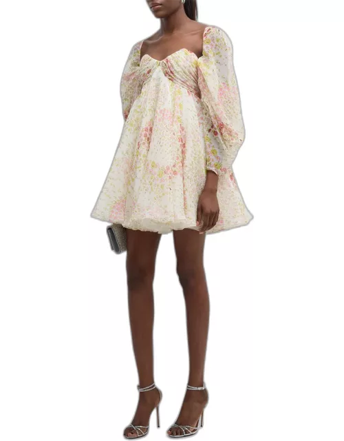 Floral-Print Sweetheart-Neck Long-Sleeve Empire-Waist Mini Dres