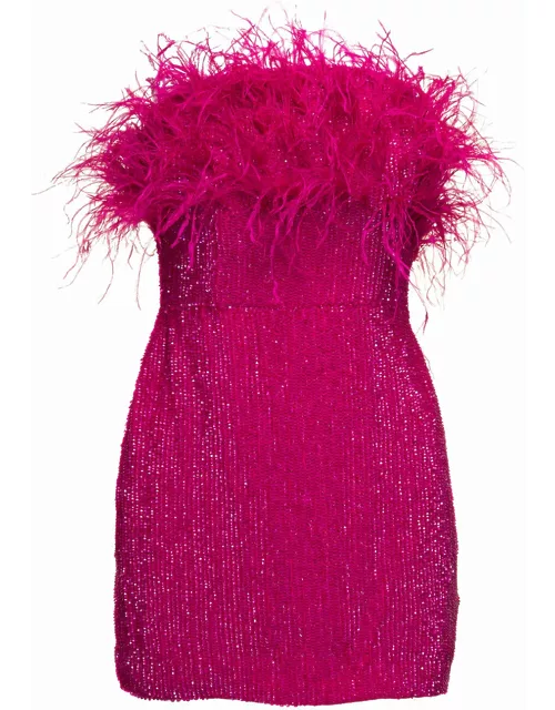 retrofete Pink Sequin Emebllished Mini-dress With Feathers In Viscose Woman