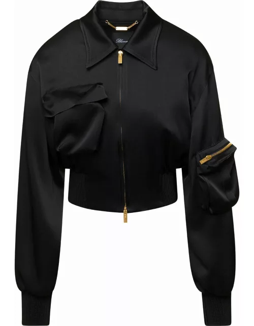 Blumarine Black Cropped Jacket With Macro Patch Pockets In Satin Woman