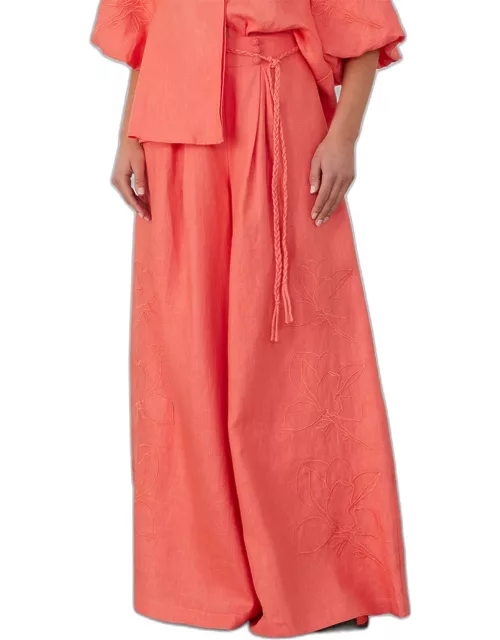 Elaina Floral-Embroidered Linen Palazzo Pant