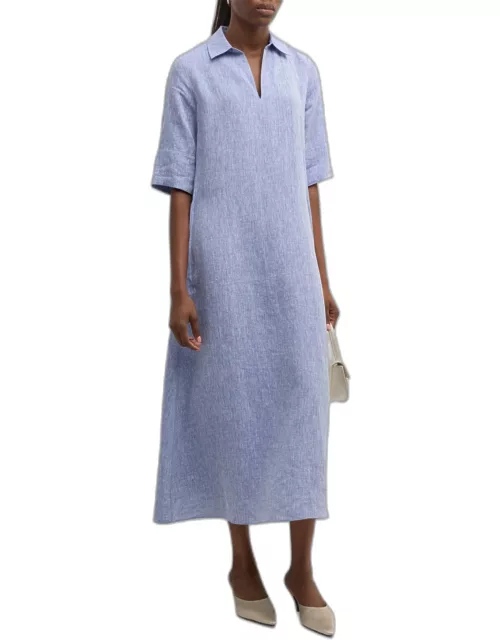 Heathered Elbow-Sleeve Linen Midi Dres